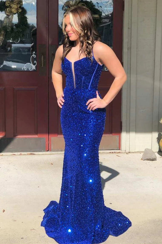 Sequined split neck mermaid long ball dress