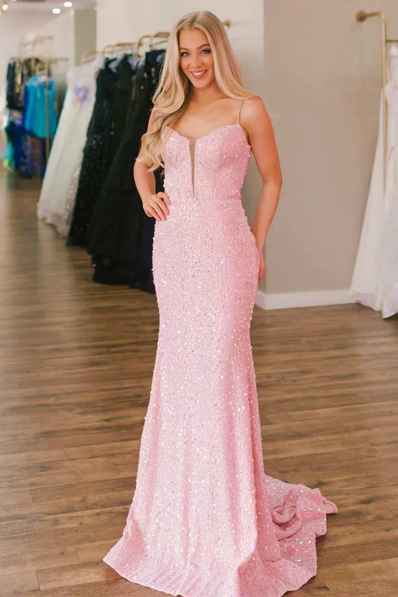 Sequined split neck mermaid long ball dress