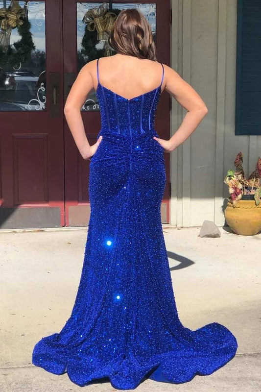 Sequined split neck mermaid long ball dress