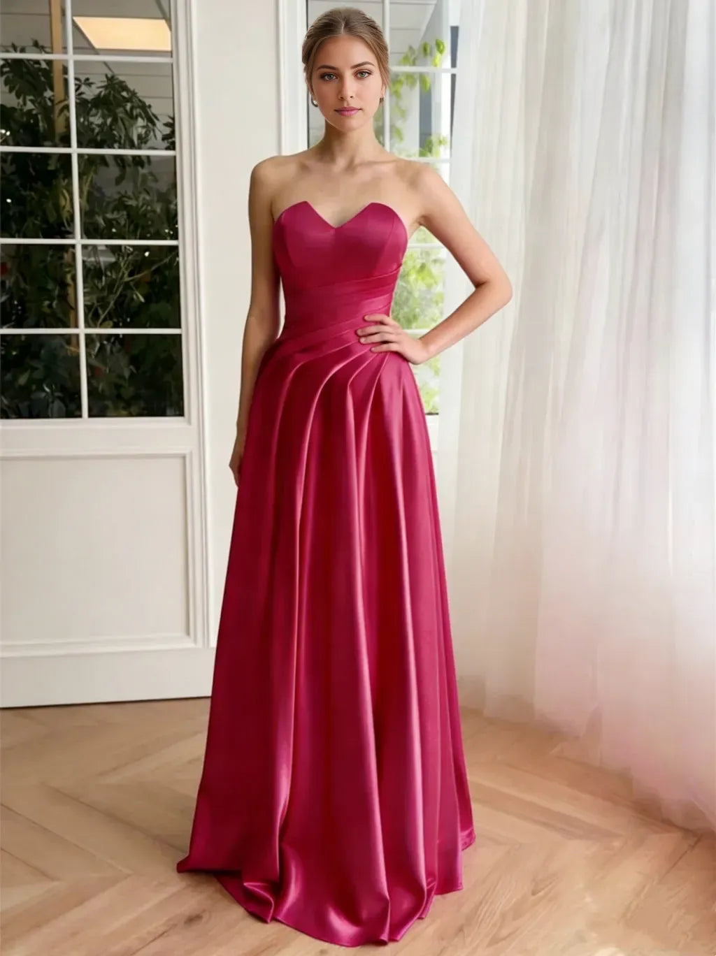 Romantic A-Line Sweetheart Strapless Lace-Up Back Floor Length Satin Ruffles Prom Dresses