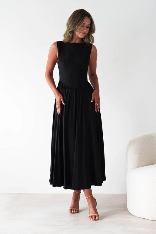 Black backless long dress with sleeveless design