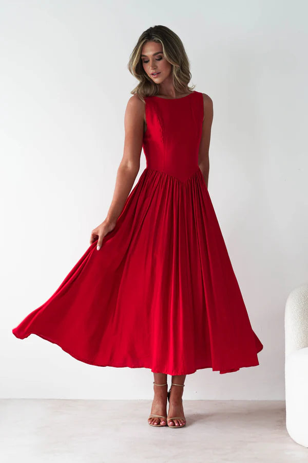 Red backless long dress with sleeveless waist cinching