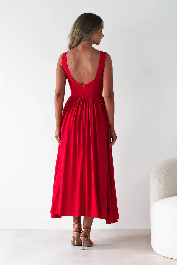Red backless long dress with sleeveless waist cinching