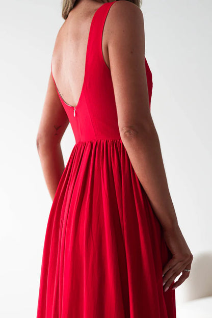 Red backless long dress with sleeveless waist cinching
