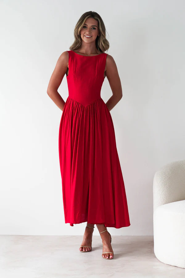 Red backless long dress with sleeveless waist cinching