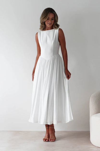 White backless long dress with sleeveless waist cinching