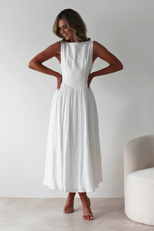 White backless long dress with sleeveless waist cinching