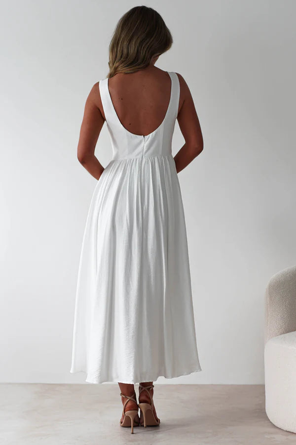 White backless long dress with sleeveless waist cinching