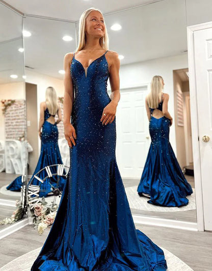 Mermaid V-neck backless navy blue long ball dress
