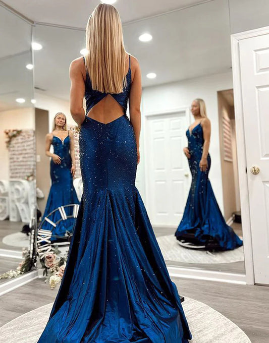 Mermaid V-neck backless navy blue long ball dress