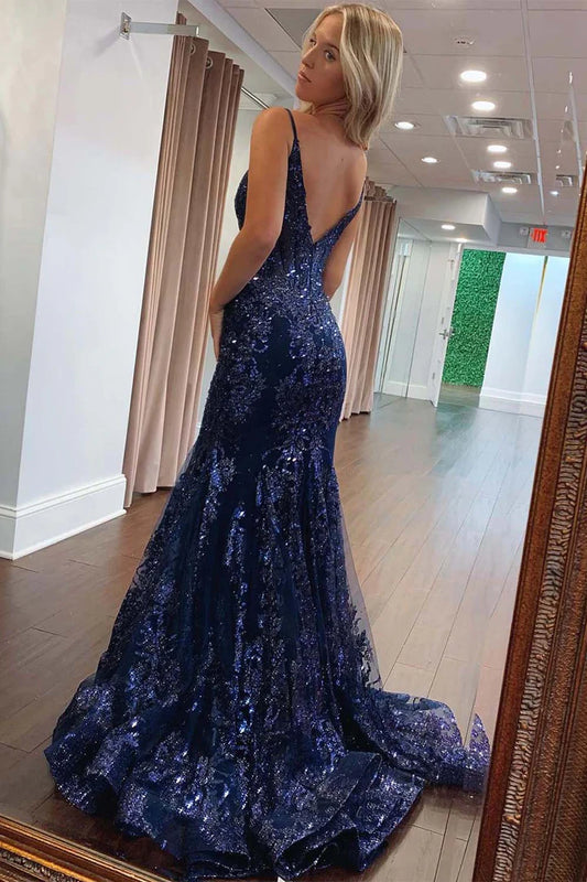 Deep V-thin suspender waist cinching sequin embroidered long skirt with trailing edge