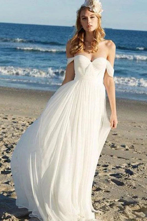 Chiffon off shoulder tied beach wedding dress