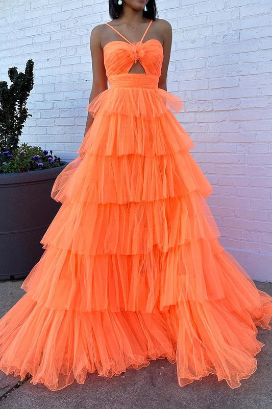 Orange layered cake dress cute ball dress, floor mopping