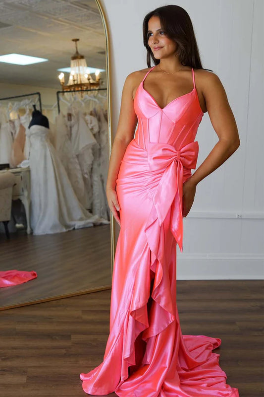 Deep V-thin shoulder strap backless strap split hem pink bow ball dress