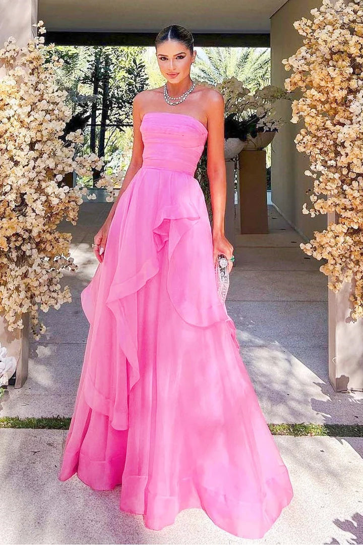 Strapless pink lotus leaf side length ball gown