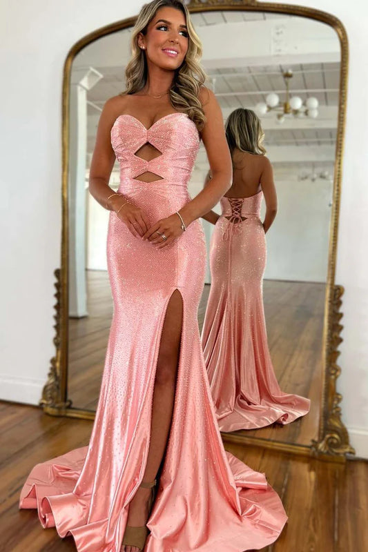 Strapless slim fit ball gown with side slit and diamond sticker