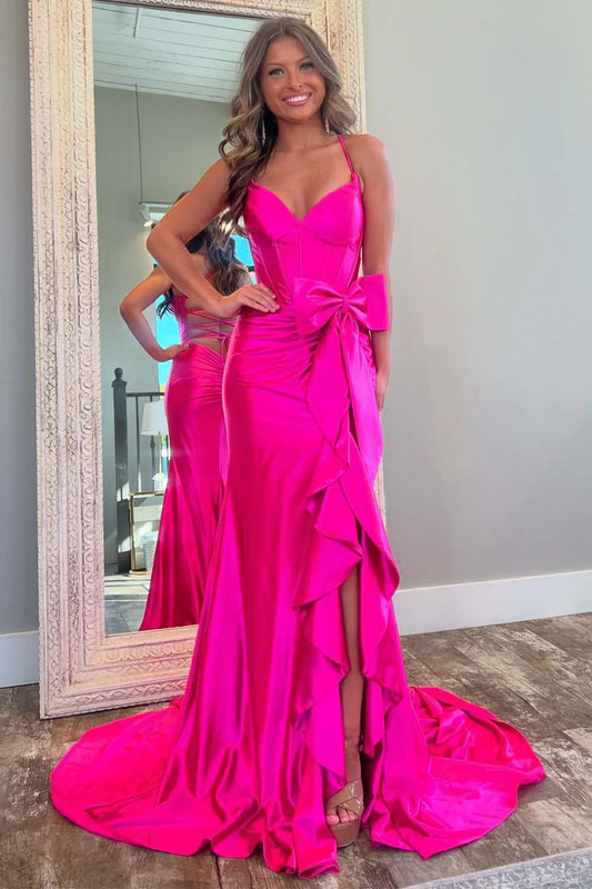 Deep V slit pleated edge hot pink slim fit ball dress with bow and mop skirt