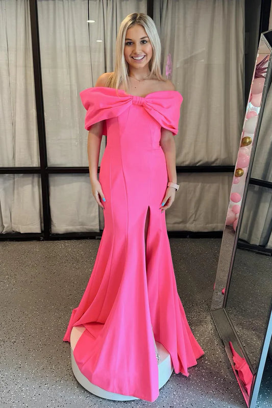 Pink strapless bow side slit ball gown