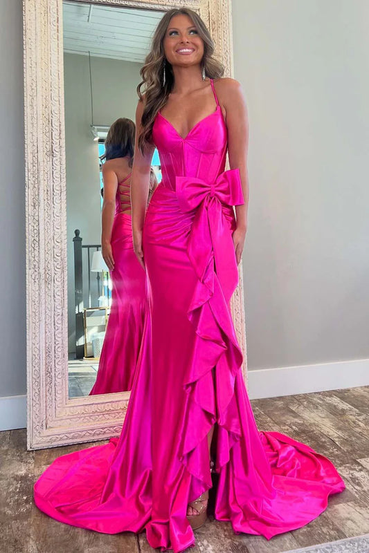 Deep V slit pleated edge hot pink slim fit ball dress with bow and mop skirt