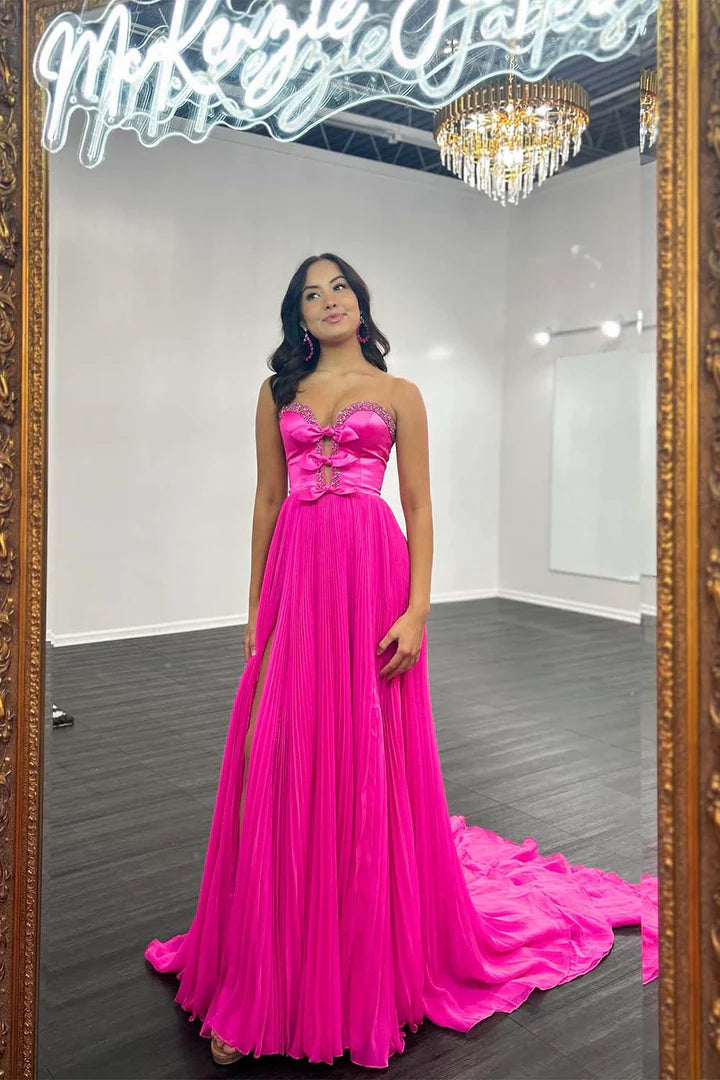 Strapless Bows Prom Gown with Slit ﻿