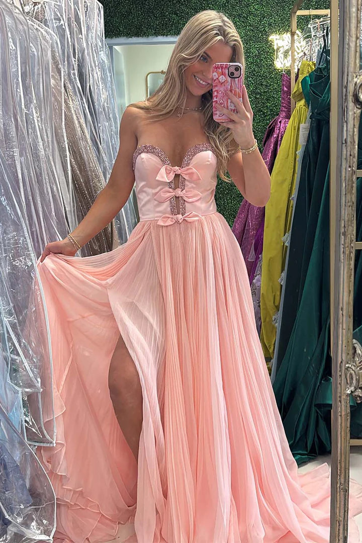 Strapless Bows Prom Gown with Slit ﻿
