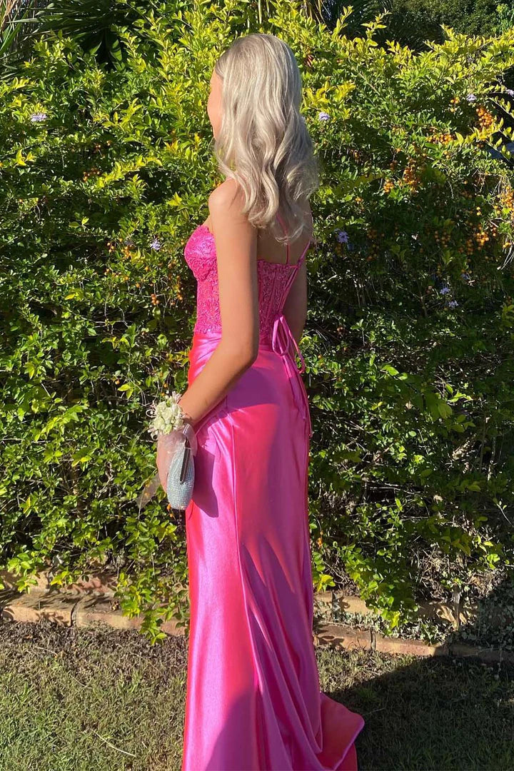 Hot Pink Ruched Sheer Corset Bodice Prom Dress