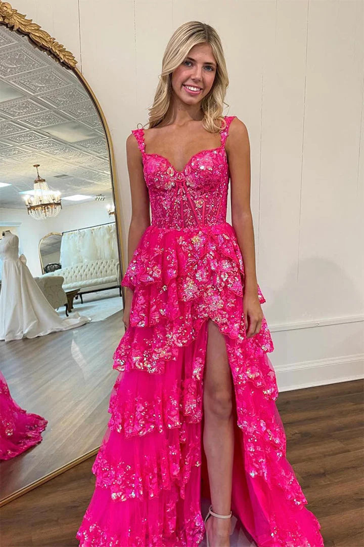 Lace sequin ruffle side slit ball skirt