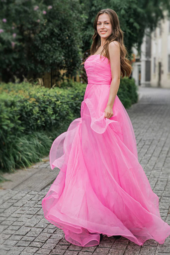 Strapless pink lotus leaf side length ball gown