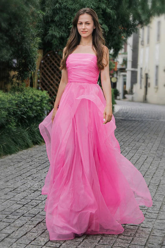 Strapless pink lotus leaf side length ball gown