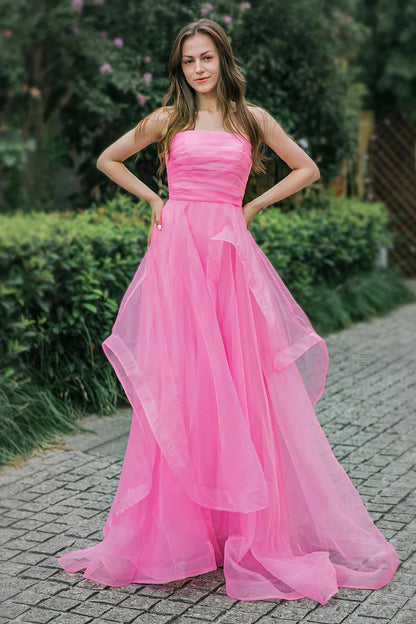 Strapless pink lotus leaf side length ball gown