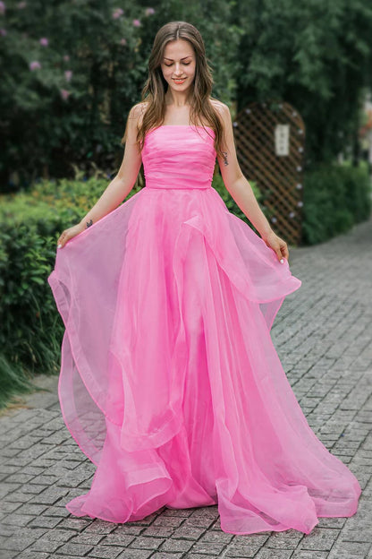 Strapless pink lotus leaf side length ball gown