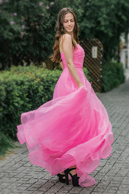 Strapless pink lotus leaf side length ball gown