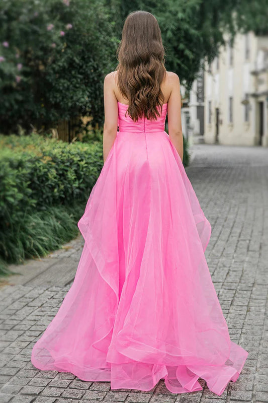 Strapless pink lotus leaf side length ball gown