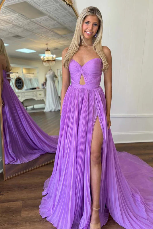 Lilac pleated strapless strapless strapless side slit ballroom gown