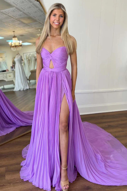 Lilac pleated strapless strapless strapless side slit ballroom gown