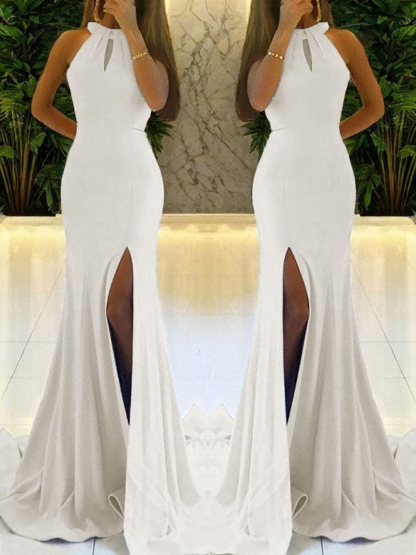 Hanging neck suspender sleeveless tight fitting backless mermaid side slit