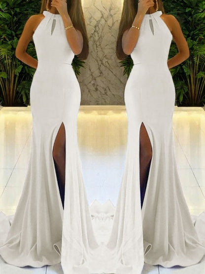 Hanging neck suspender sleeveless tight fitting backless mermaid side slit