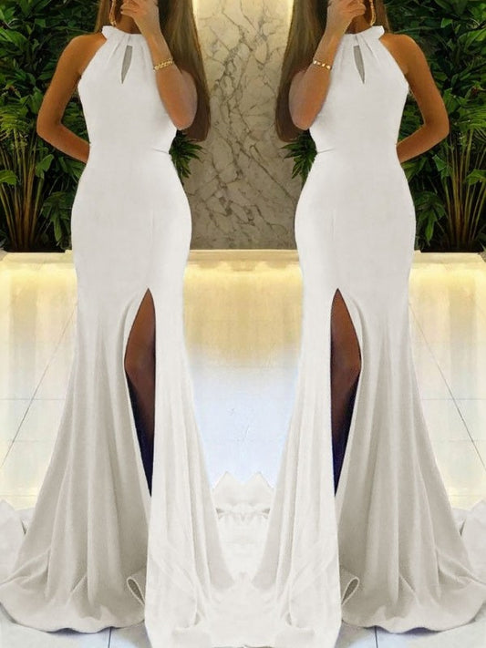 Hanging neck suspender sleeveless tight fitting backless mermaid side slit