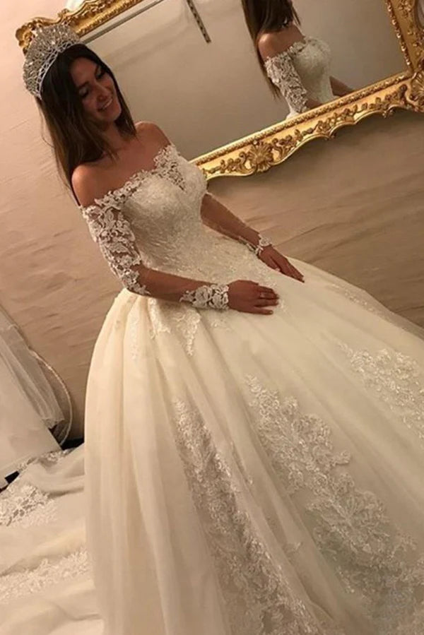 Off shoulder long sleeved backless lace wedding dress