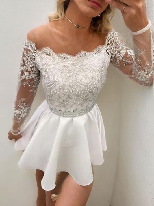 A-Line Long Sleeves Off-the-Shoulder Satin With Beading Short/Mini Dresses