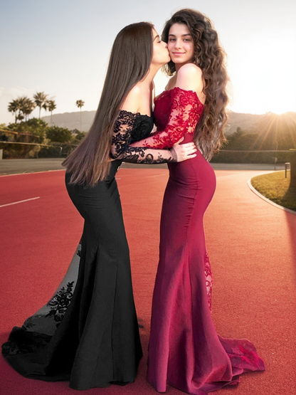 Mermaid Long Sleeves Off-the-Shoulder Sweep/Brush Train With Applique Stretch Crepe Dresses