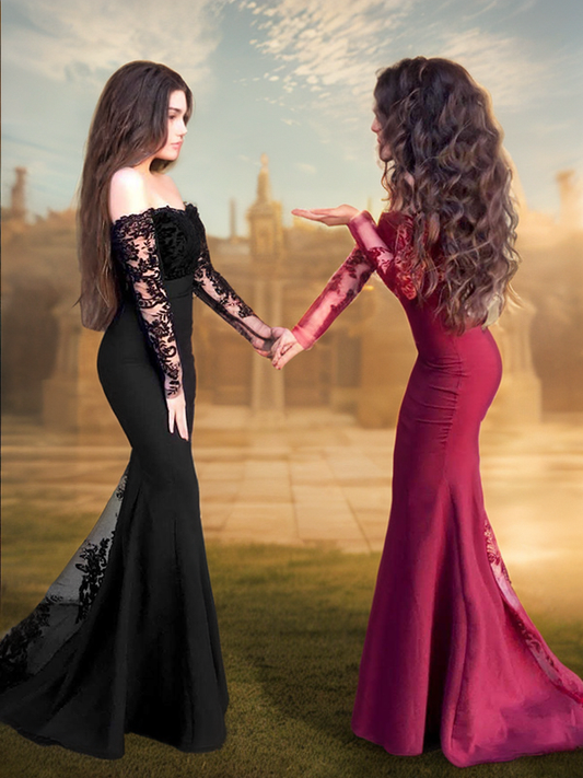 Mermaid Long Sleeves Off-the-Shoulder Sweep/Brush Train With Applique Stretch Crepe Dresses