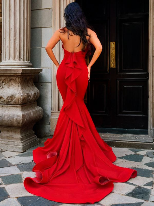 Fancy Red Mermaid Stretch Crepe Ruffles Halter Sleeveless Chapel Train Dresses