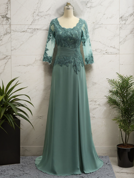 A-Line/Princess Chiffon Applique Scoop 3/4 Sleeves Sweep/Brush Train Mother of the Bride Dresses