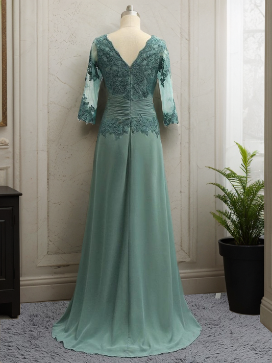 A-Line/Princess Chiffon Applique Scoop 3/4 Sleeves Sweep/Brush Train Mother of the Bride Dresses