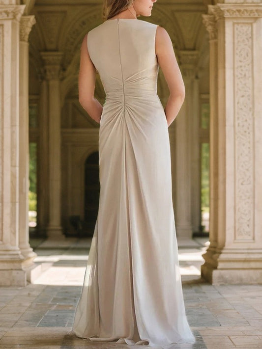 Sheath/Column Chiffon Ruched V-neck Sleeveless Floor-Length Mother of the Bride Dresses