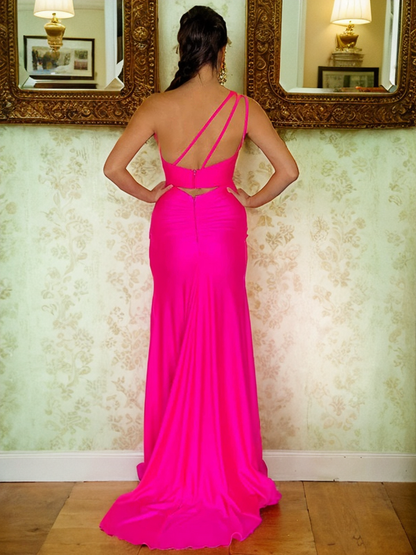 Sheath/Column Elastic Woven Satin Ruched One-Shoulder Sleeveless Sweep/Brush Train Dresses
