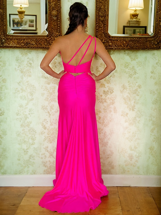 Sheath/Column Elastic Woven Satin Ruched One-Shoulder Sleeveless Sweep/Brush Train Dresses