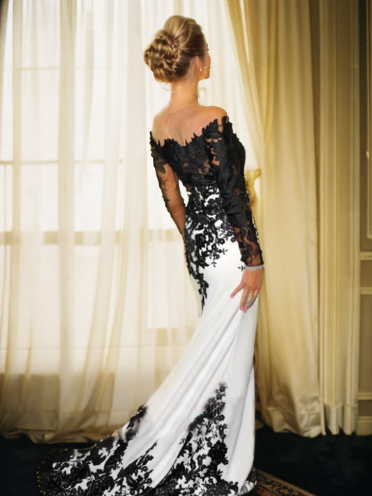 Mermaid Chiffon Strapless Long Sleeves Sweep/Brush Train With Applique Dresses