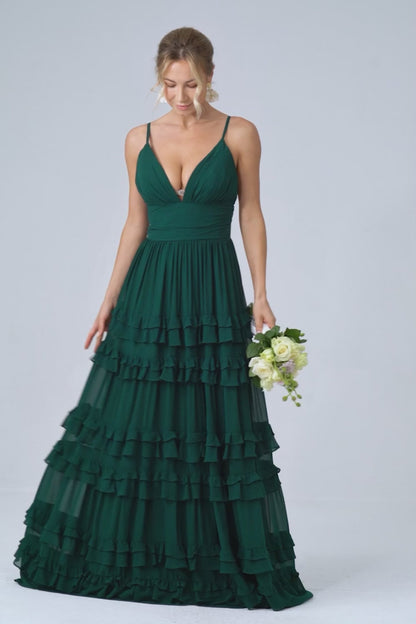Dark Green A-Line Spaghetti Straps Tiered Pleated Long Bridesmaid Dress